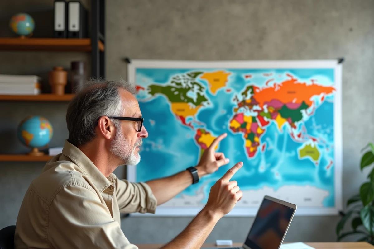 Géographe montrant une carte politique du monde accrochée au mur dans un bureau universitaire moderne