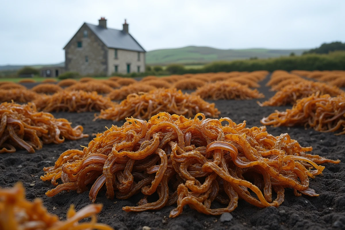 Du goémon séché étalé comme engrais naturel sur un champ agricole côtier en Bretagne, illustrant son rôle écologique dans l'agriculture durable