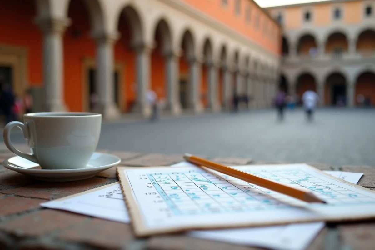 Gros plan d'une grille de mots fléchés posée sur une table en pierre avec des mots sur les villes italiennes