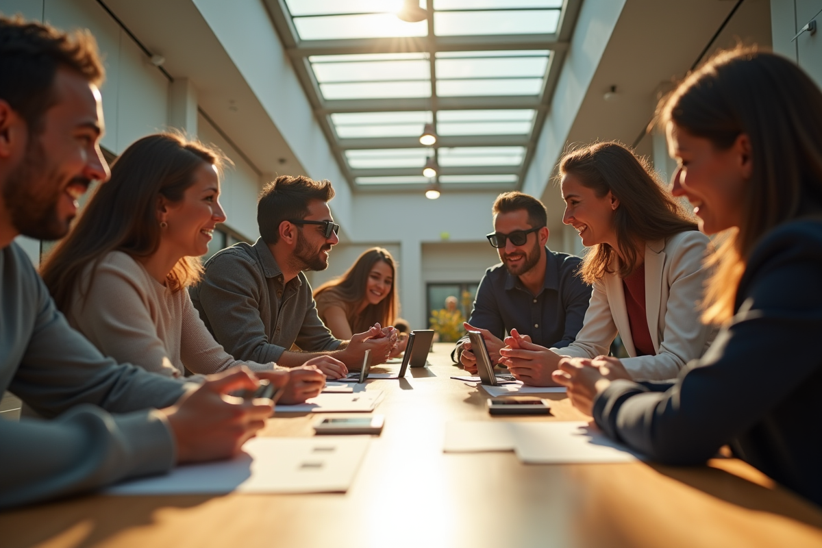 Groupe de personnes discutant avec gadgets innovants