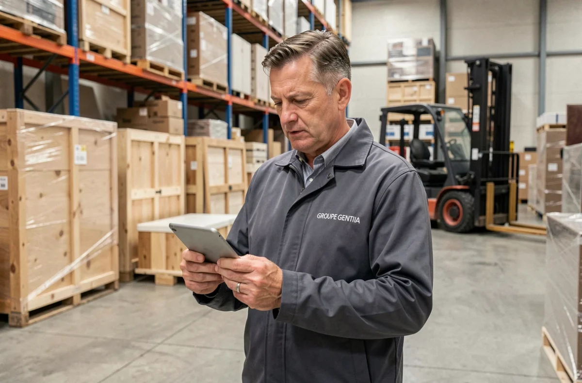 Responsable logistique du Groupe Gentina supervisant un entrepôt de déménagement professionnel