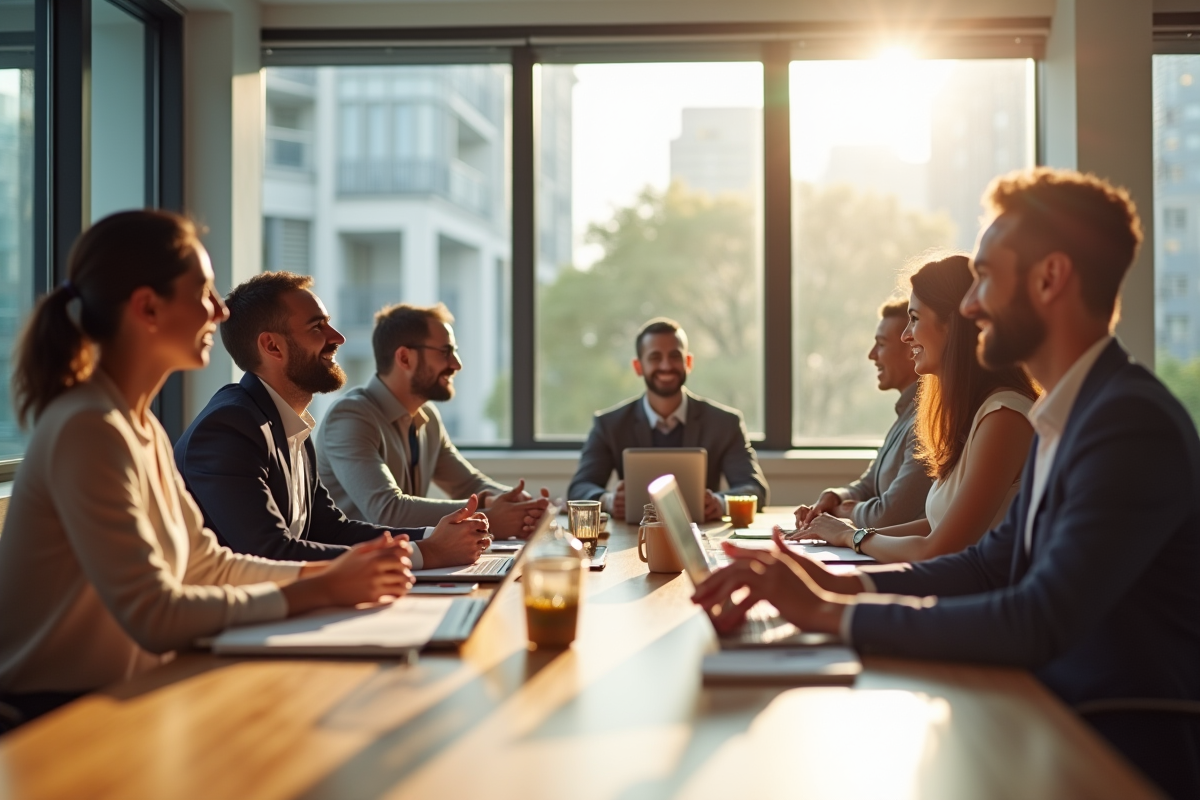 Groupe de professionnels inclusifs dans un bureau lumineux