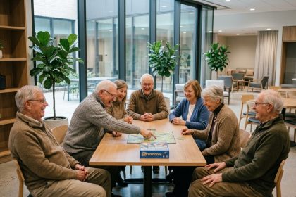 Seniors jouant à un jeu de société dans un établissement médicalisé