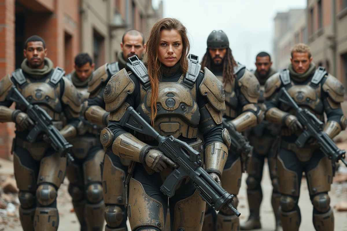 Groupe de combattants en armure futuriste dans une ville dévastée