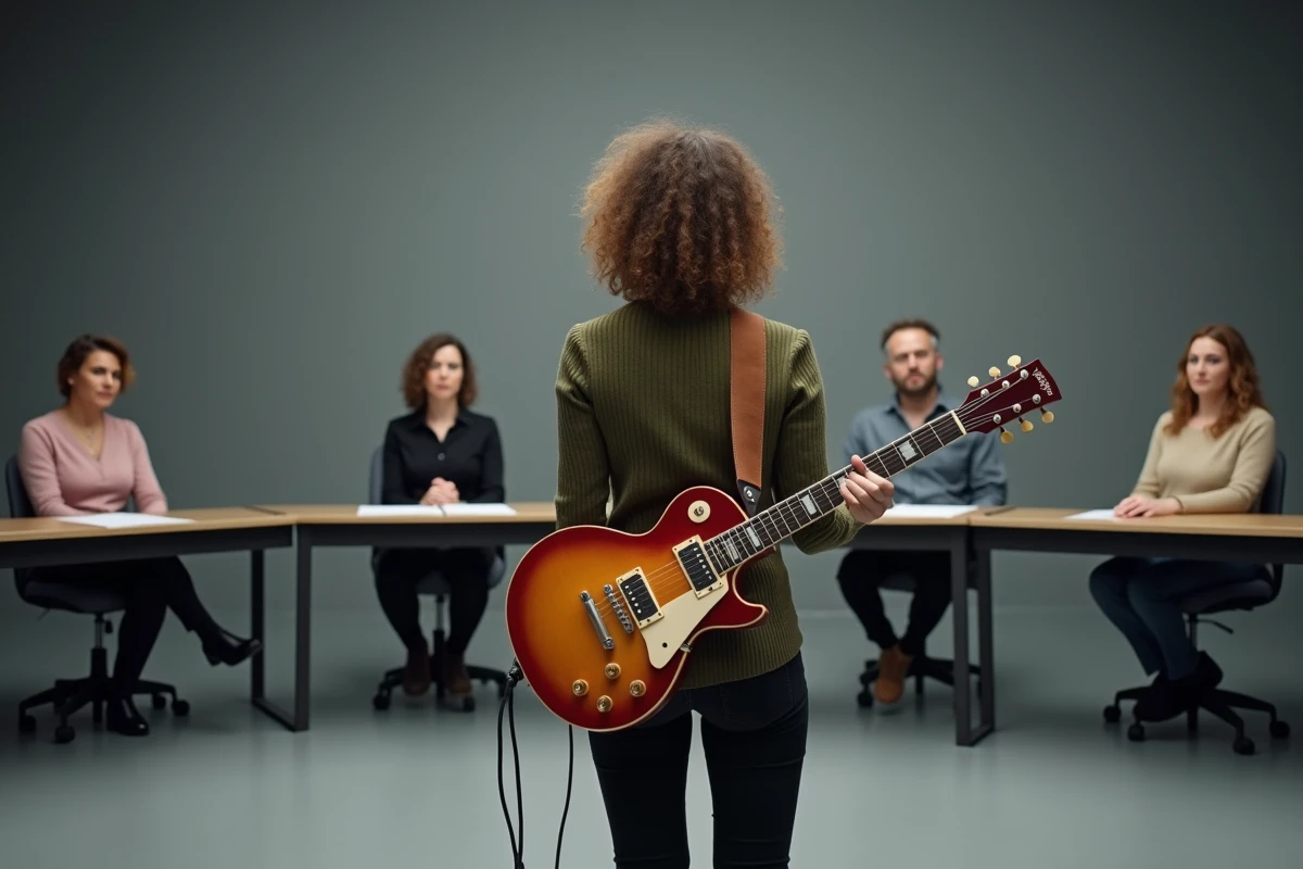 Guitariste femme en pleine audition devant un jury pour participer à une émission musicale télévisée