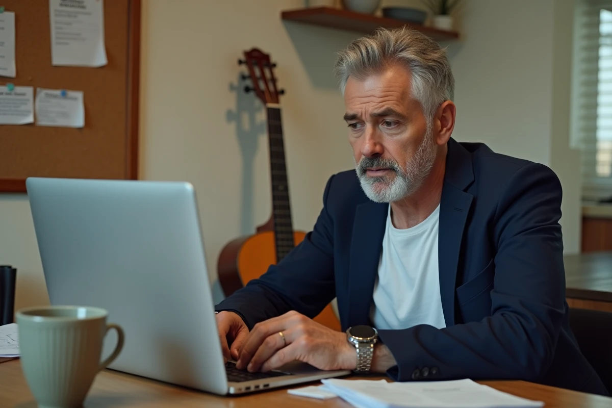 Guitariste expérimenté préparant son dossier d'inscription pour les auditions de N'oubliez pas les paroles depuis chez lui