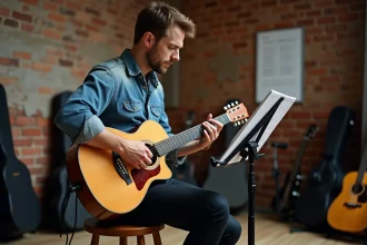 Guitariste acoustique en répétition dans un studio, lisant des partitions avant une audition pour l'émission N'oubliez pas les paroles