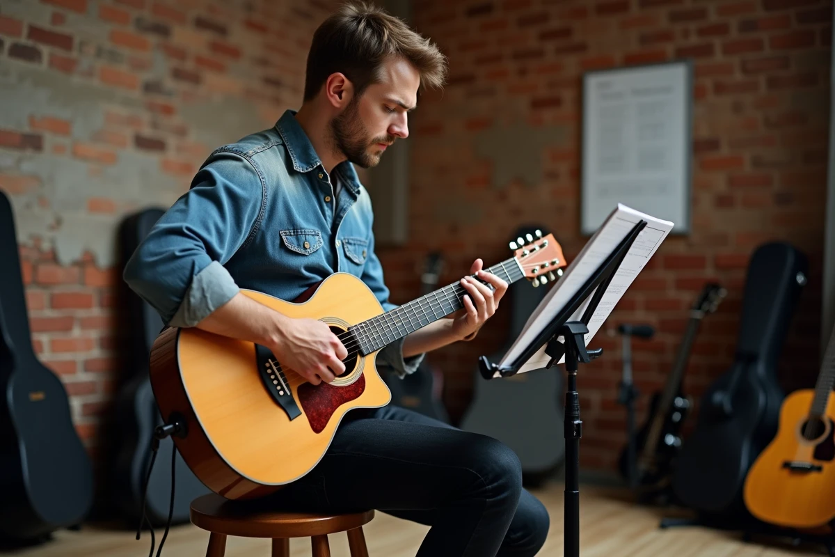 Guitariste acoustique en répétition dans un studio, lisant des partitions avant une audition pour l'émission N'oubliez pas les paroles