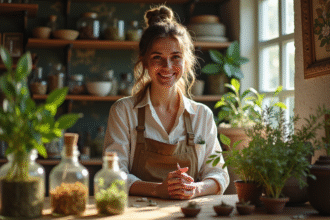 Herboriste souriante dans une apothecary lumineuse