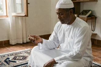 Homme musulman consultant une montre de poche sur un tapis de prière à Agen, sans connexion internet