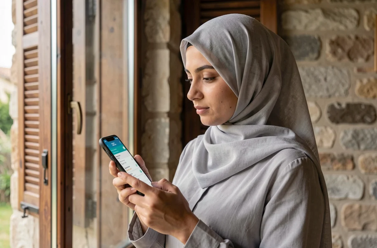 Femme consultant les horaires de prière d'Agen sur smartphone en mode hors connexion