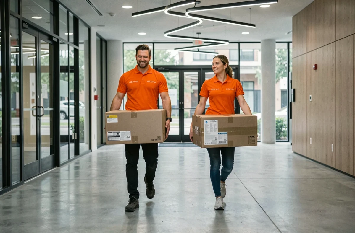 Équipe Hexvia Déménagements traversant le hall d'un immeuble moderne avec des cartons