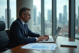 Homme d'affaires en costume analysant des finances dans un bureau