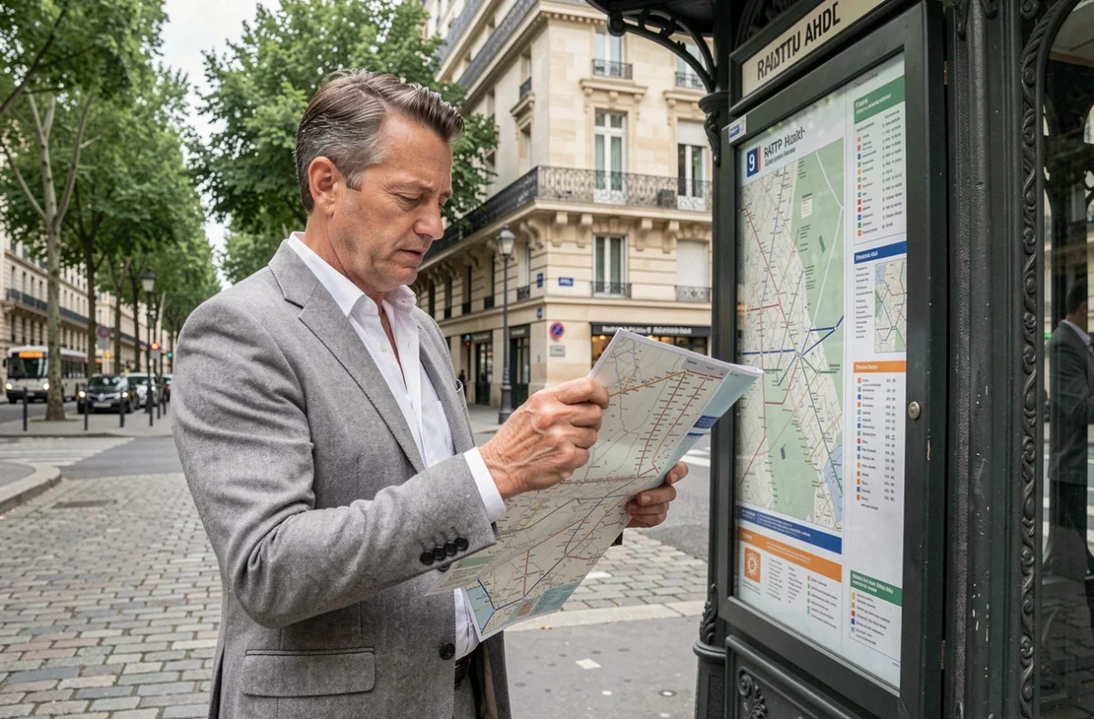 Homme d'affaires consultant un plan papier du métro ligne 9 devant une entrée de station à Paris