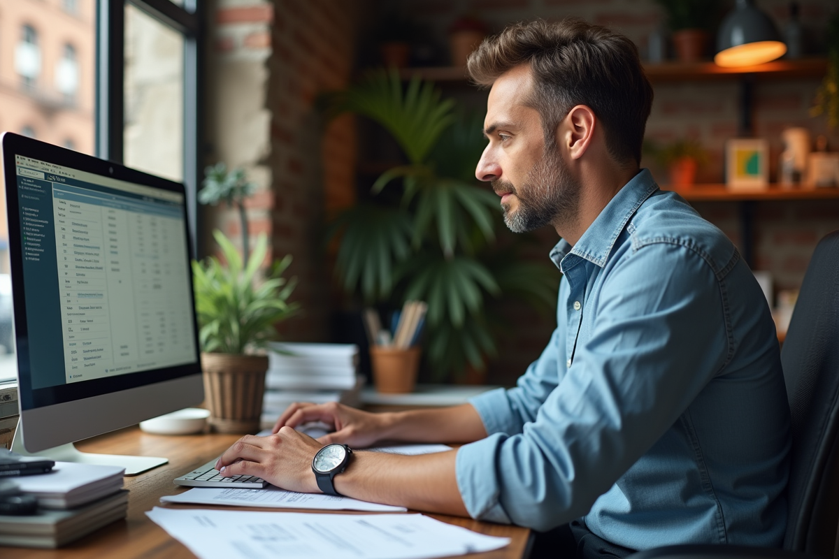 Homme analysant rapports de paie dans un bureau cosy