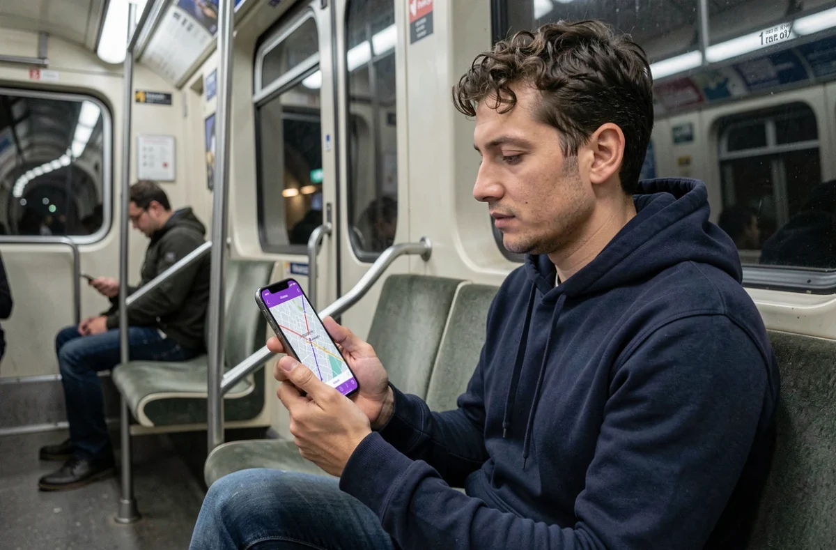 Homme utilisant une application de plan du métro ligne 9 sur smartphone dans une rame parisienne