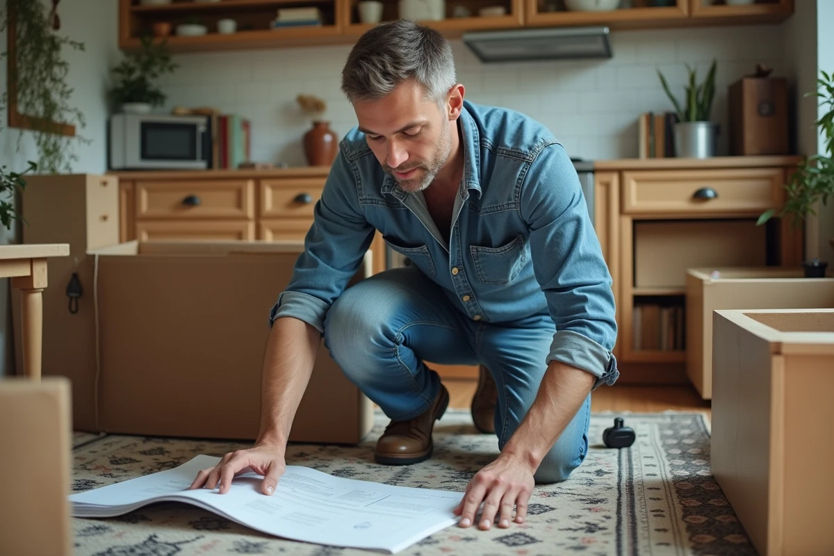 Homme en vêtements confortables assemble un meuble dans la cuisine