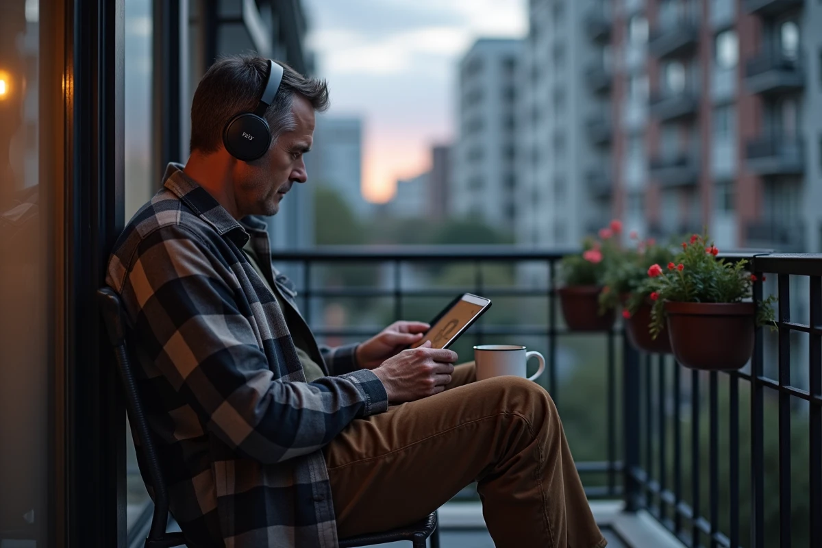 Homme regardant un film sur une tablette sur un balcon