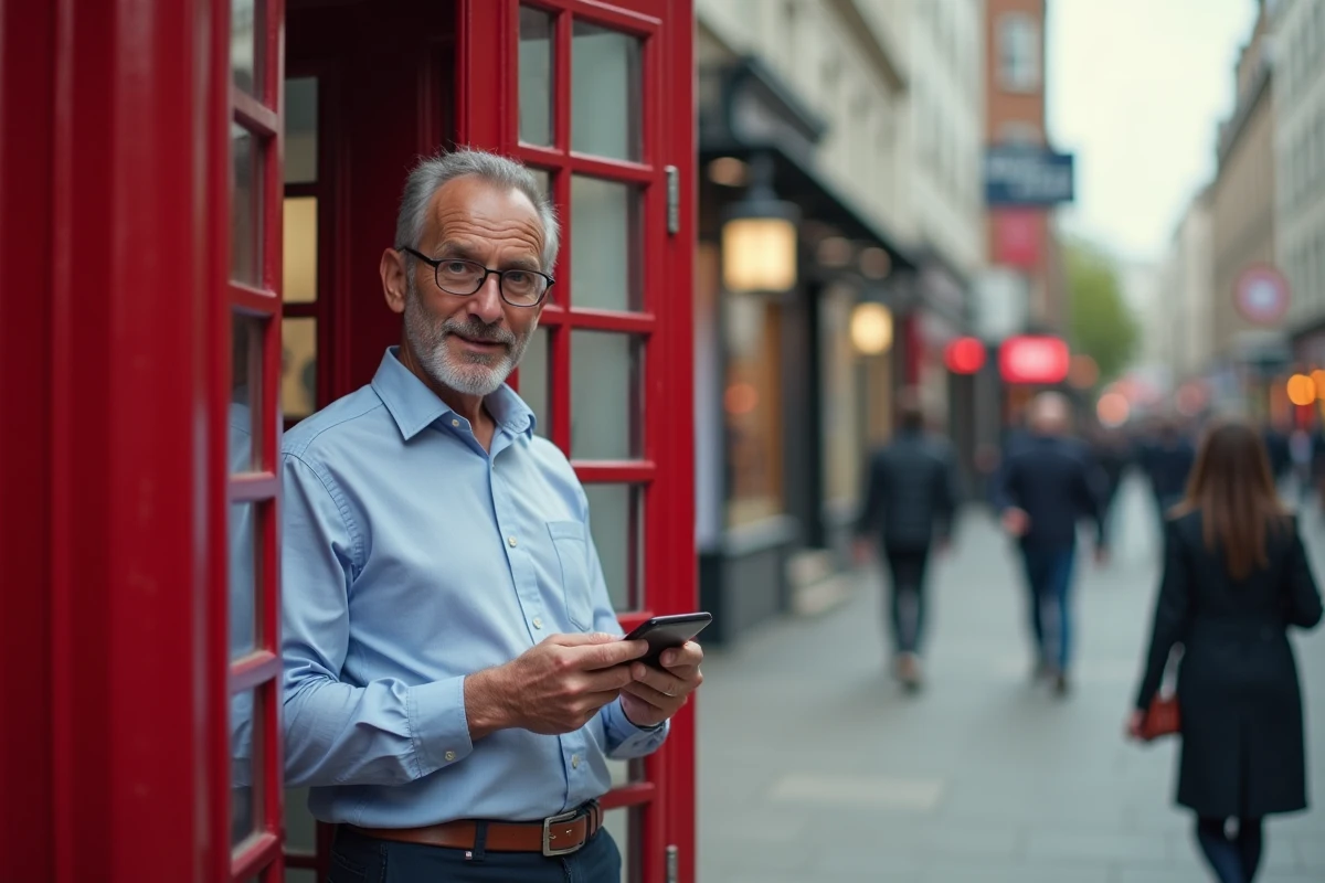 Homme français devant une cabine téléphonique britannique
