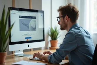 Homme assis à son bureau à la maison regardant son écran