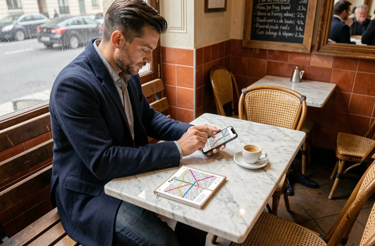 Homme consultant une carte interactive du métro parisien sur mobile dans un café parisien avec un expresso