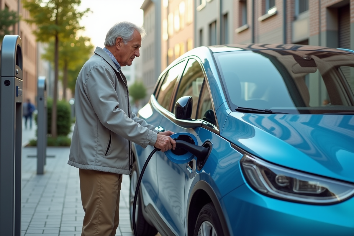 Homme branchant une voiture électrique à une station de charge