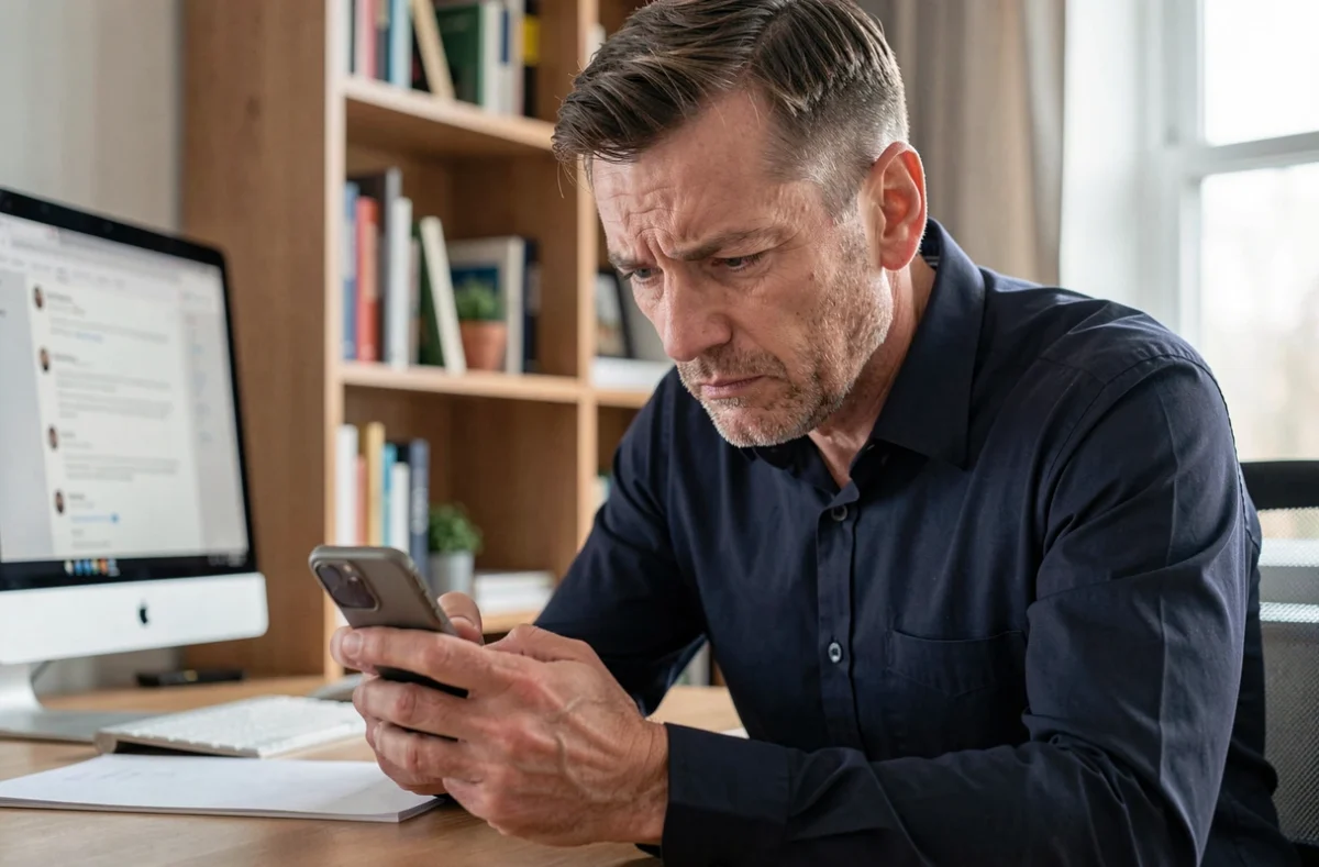 Homme d'une cinquantaine d'années analysant un profil suspect sur une application de rencontre pour cougars sur son smartphone