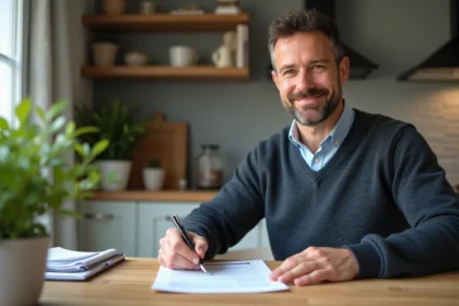 Homme d'âge moyen tenant un contrat de prêt immobilier dans une cuisine moderne