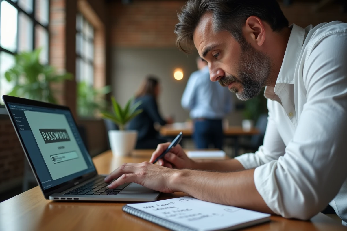 Homme en coworking qui tente de retrouver le bon mot de passe pour une application de puzzle CodyCross sur ordinateur portable