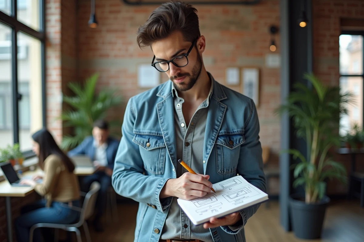 Homme esquissant des wireframes dans un espace de coworking