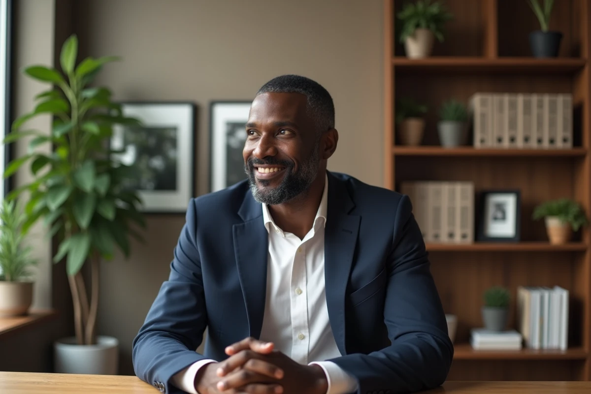Homme noir en blazer dans un bureau moderne élégant