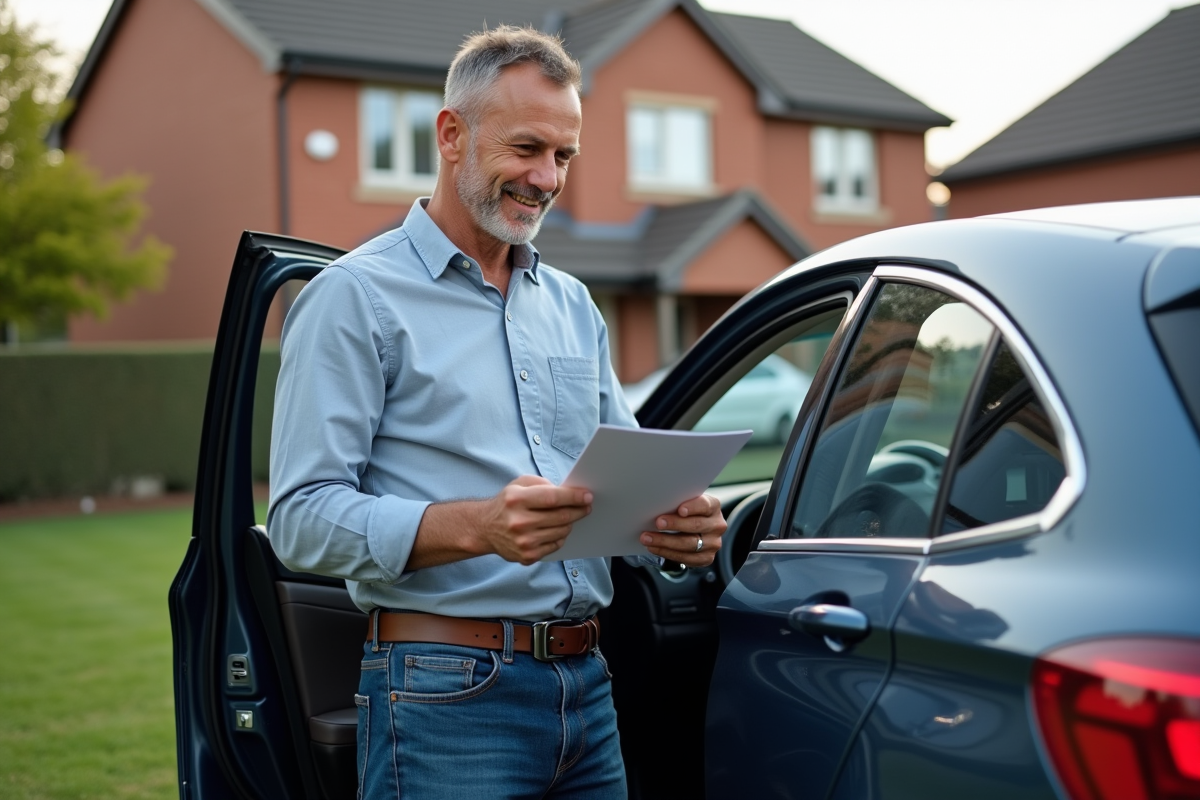 Homme d'âge moyen vérifiant un carnet d'entretien à côté d'une voiture familiale