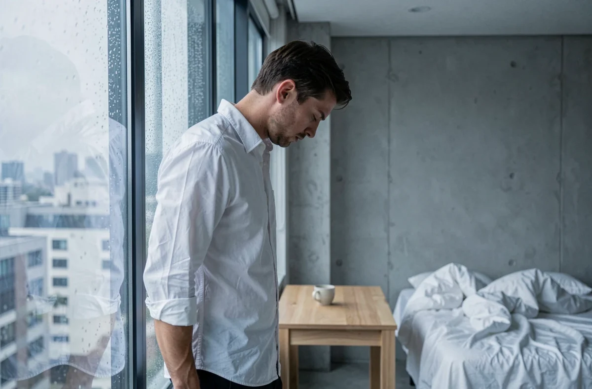 Homme appuyé contre une fenêtre sous la pluie dans un appartement vide, expression de trahison et de souffrance amoureuse silencieuse