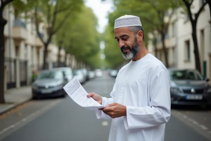 Homme consultant l'horaire de prière dans une rue d'Argenteuil