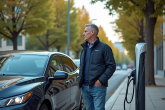 Homme d'âge moyen près d'une voiture hybride en ville