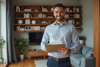 Jeune homme souriant avec clés et dossier dans un salon moderne