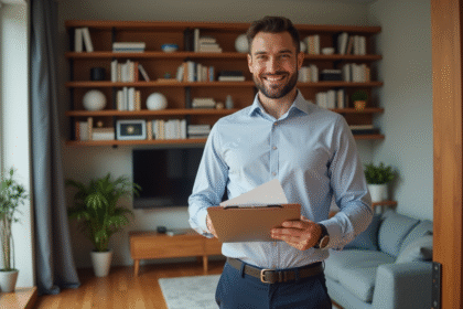 Jeune homme souriant avec clés et dossier dans un salon moderne