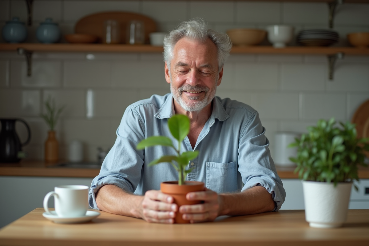 Homme âgé tenant une petite plante dans la cuisine