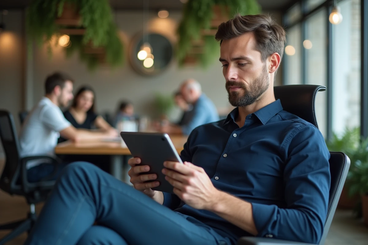 Homme lisant des actualités sur une tablette dans un espace de co-working moderne avec une ambiance professionnelle
