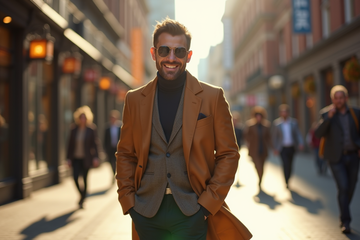 Homme heureux après un relooking en ville ensoleillée
