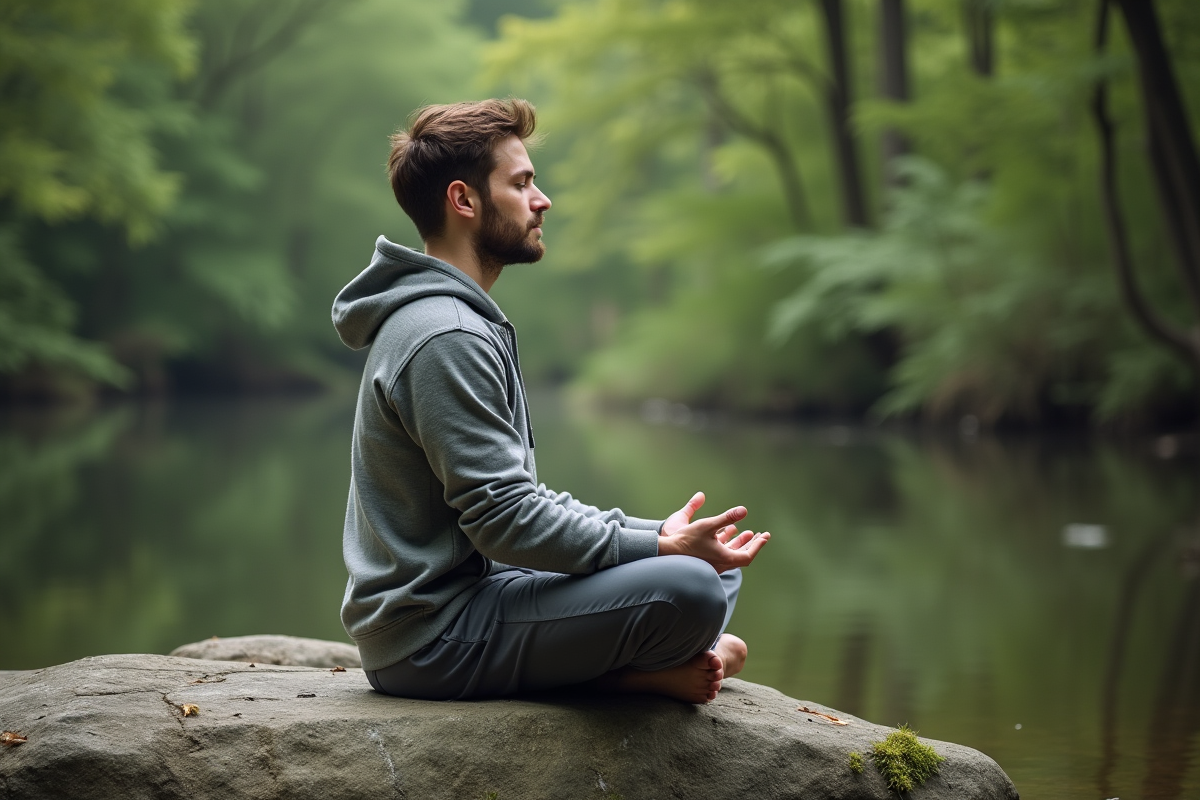 Jeune homme méditant au bord d’un étang en forêt
