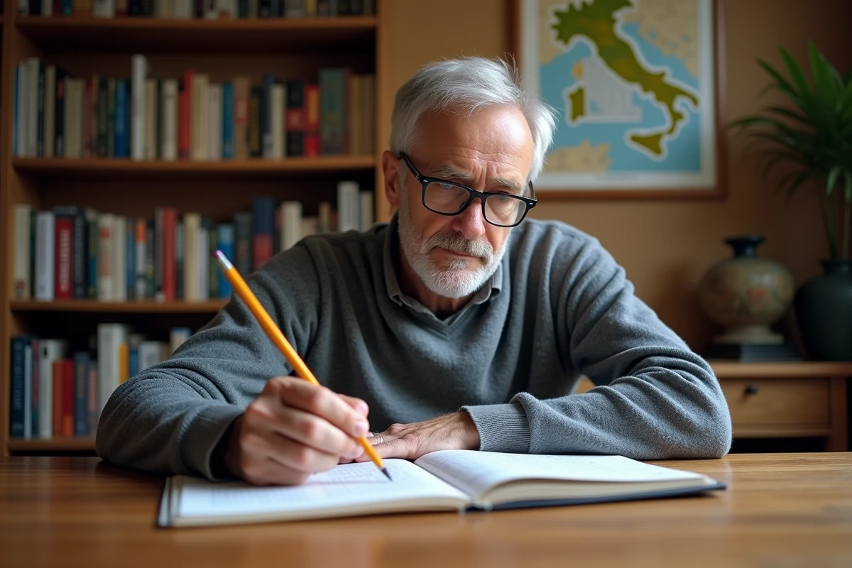 Homme concentré sur une grille de mots fléchés avec des livres sur l'Italie en arrière-plan