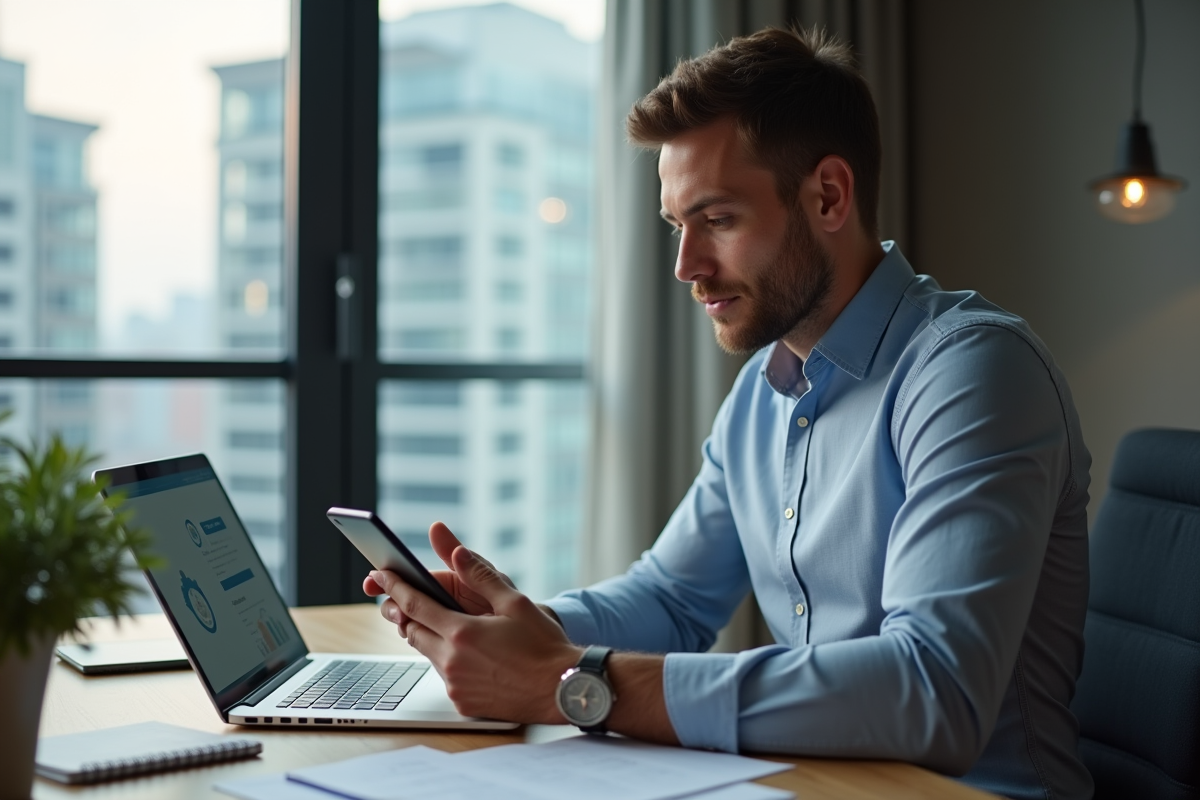 Homme d'affaires regardant son ordinateur avec smartphone crypto