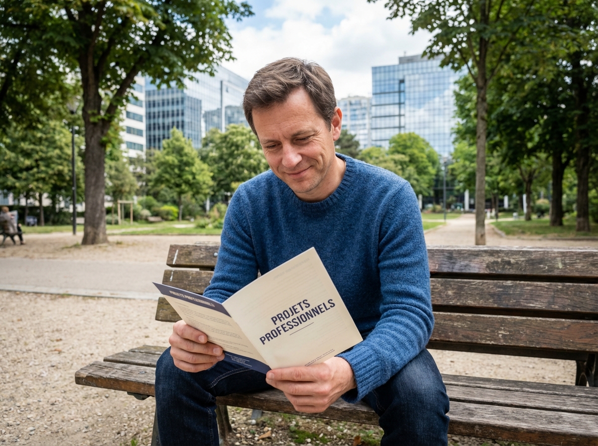 Homme lisant une brochure dans un parc pour un article sur la carrière et le développement professionnel