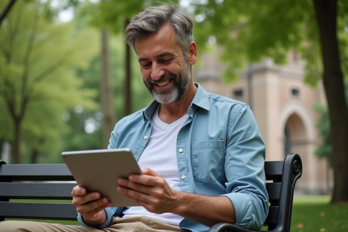 Homme dans un parc utilisant une tablette pour traduire