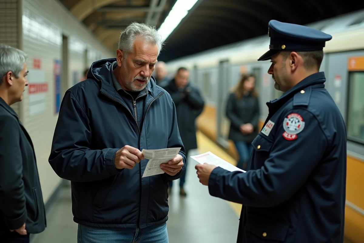 Homme d'âge moyen examinant un ticket dans le métro parisien