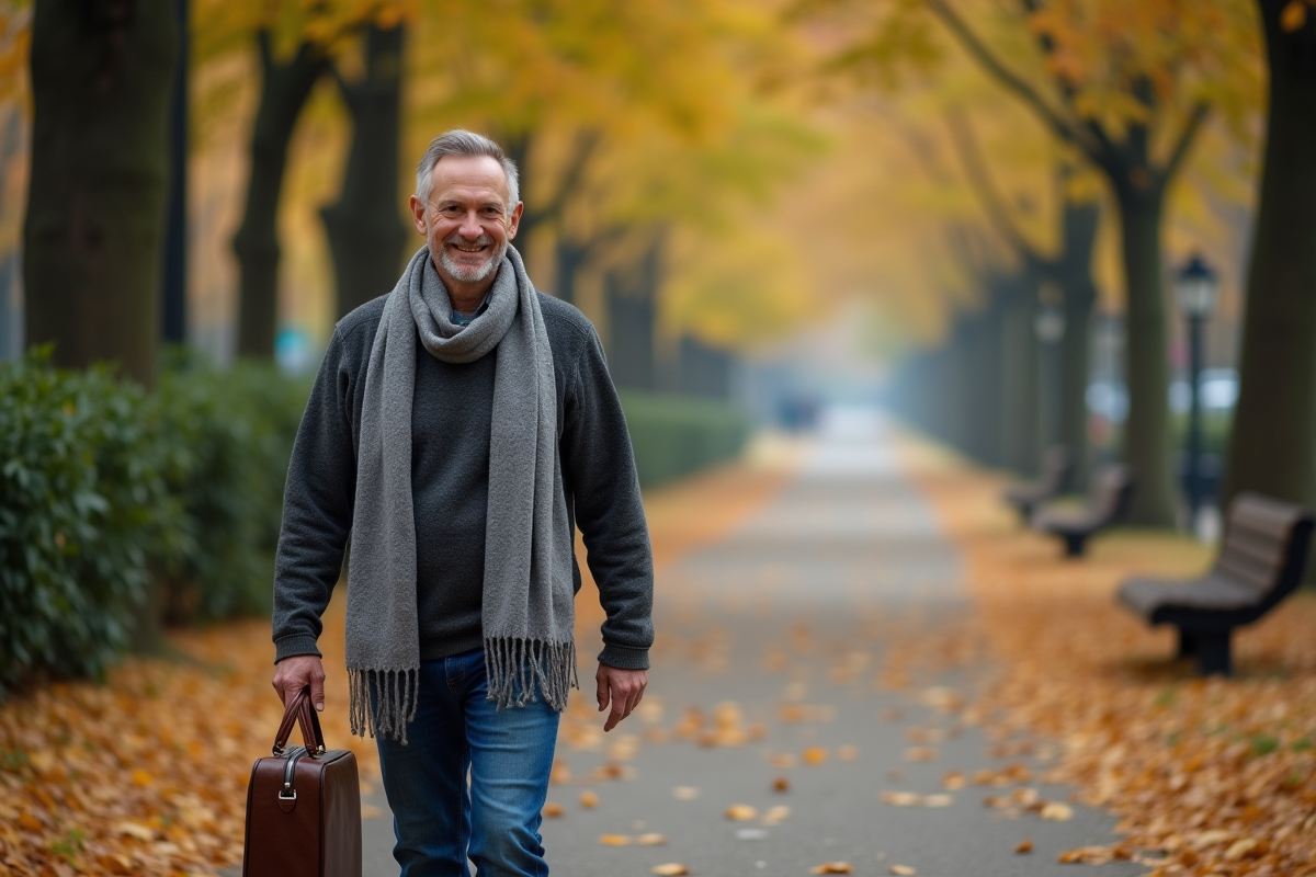 Homme marchant dans un parc urbain en automne en France