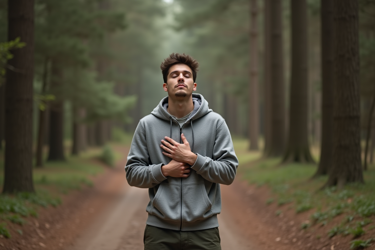 Jeune homme contemplant sur un sentier forestier
