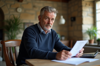 Homme d'âge moyen examine documents d'impôts dans un salon français