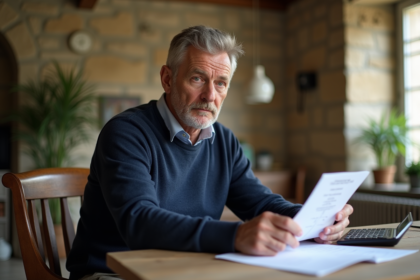 Homme d'âge moyen examine documents d'impôts dans un salon français